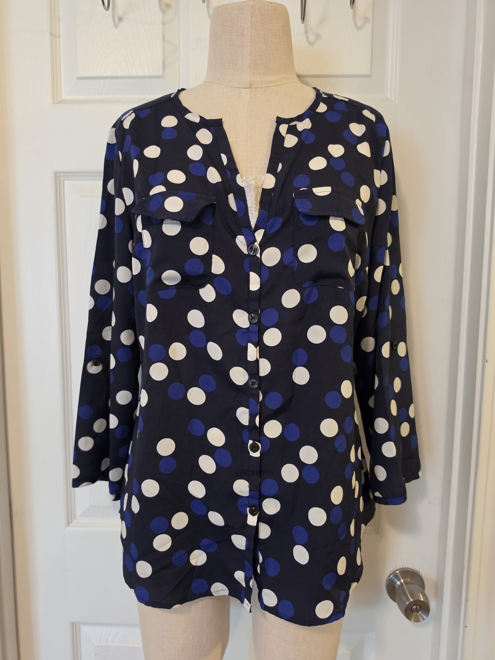 New York & Company Navy Blue and White Polka Dot Button-Down Blouse Size Large